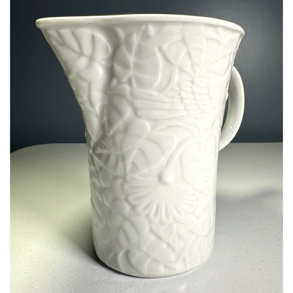 Vintage Pacific Rim Pottery White Pitcher‎ w/Embossed Forest Scene & Bird 6.75" - Picture 3 of 8